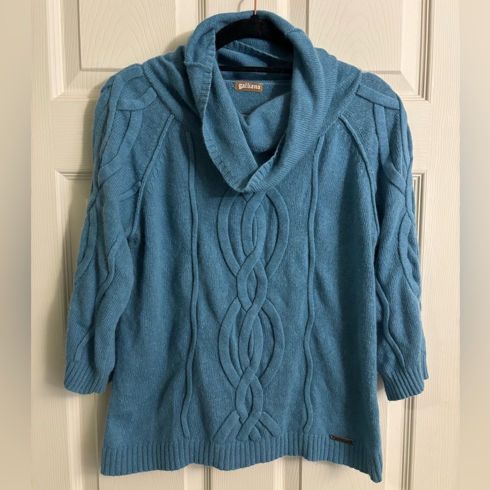 Galliano Italian Women's Teal Fall Winter Cozy Cable Cowl Neck Spring Sweater